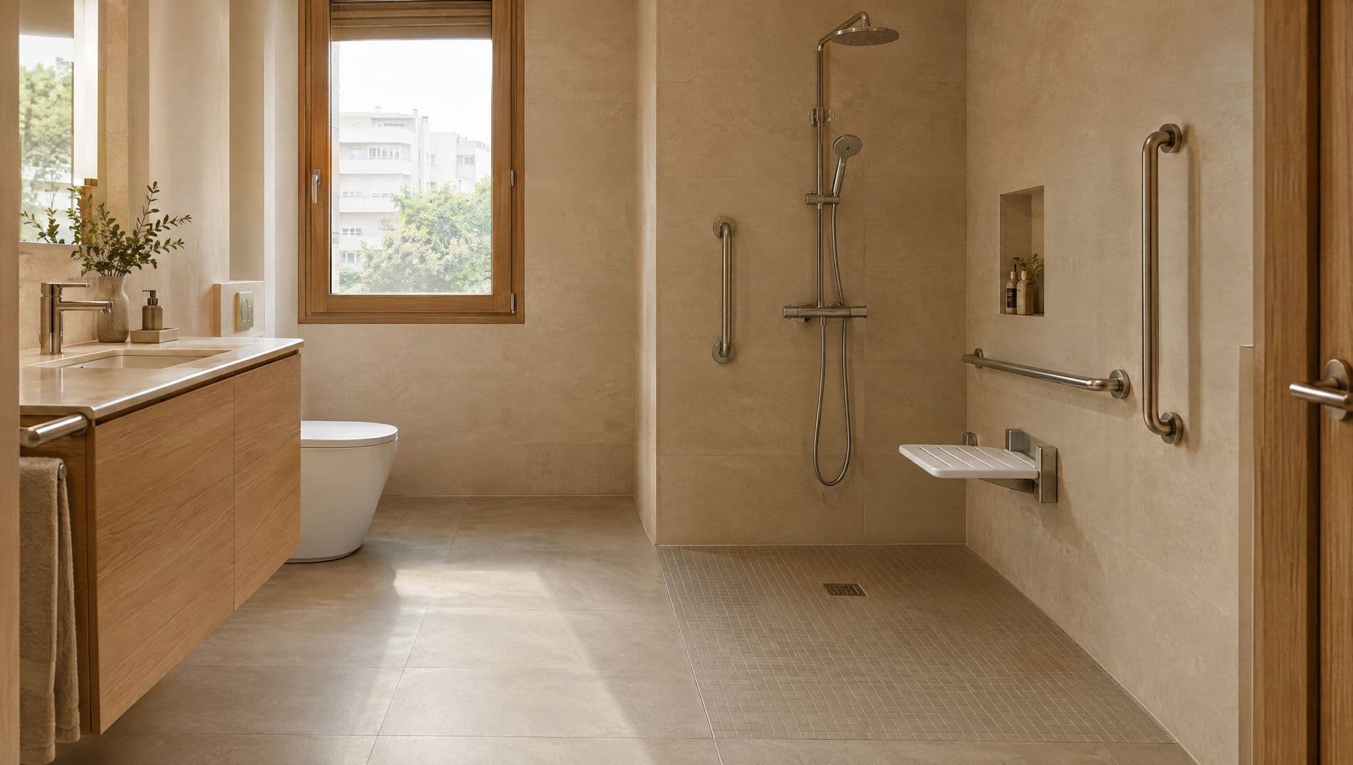 Ducha adaptada a ras de suelo con asiento abatible, barras de apoyo y grifo termostático