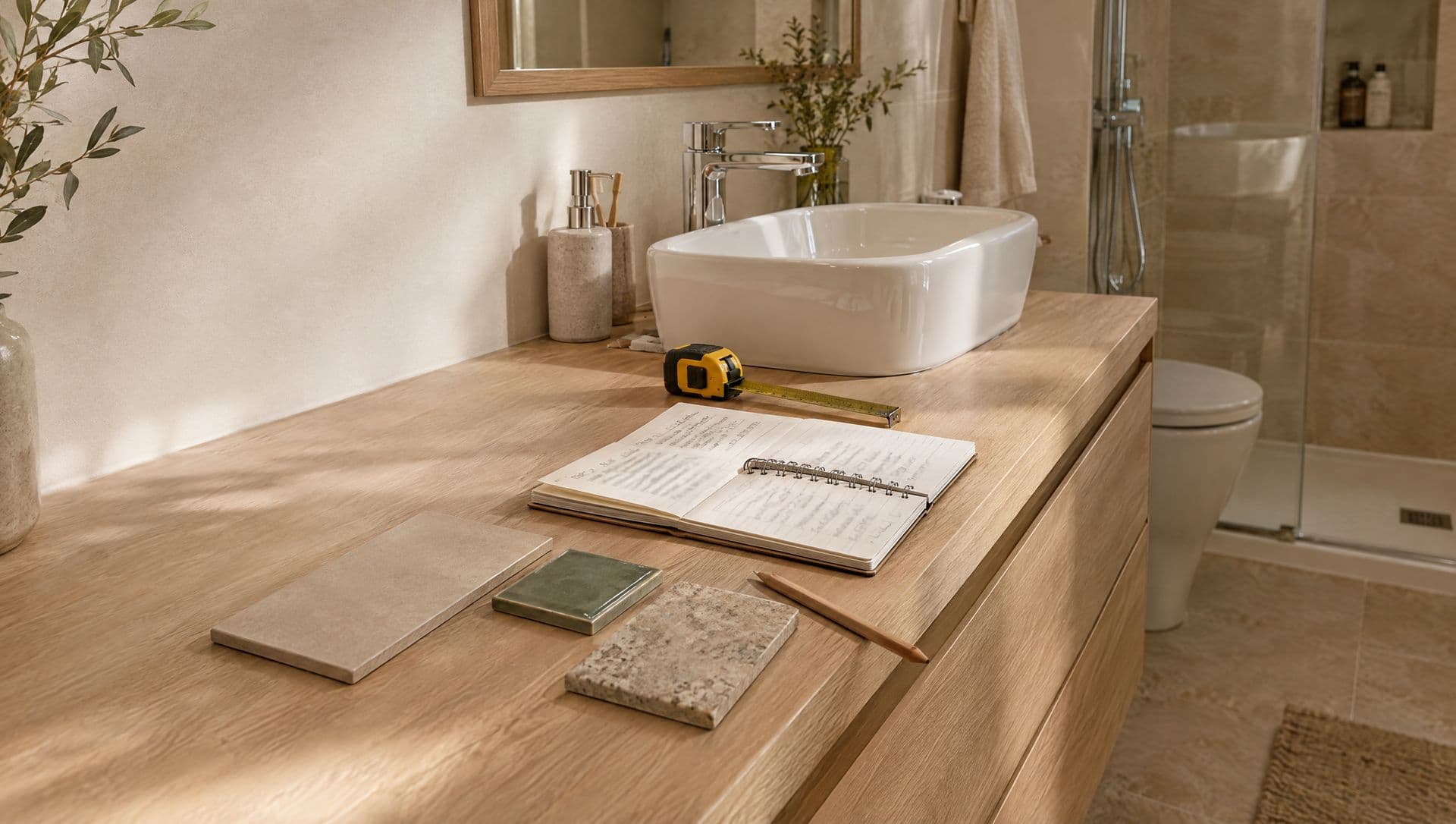 Cuaderno con partidas de presupuesto, cinta métrica y muestras de azulejo sobre un mueble de baño de roble