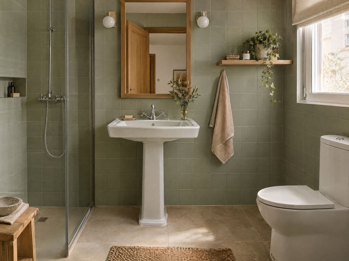 Baño con los azulejos pintados en verde salvia mate y lavabo blanco