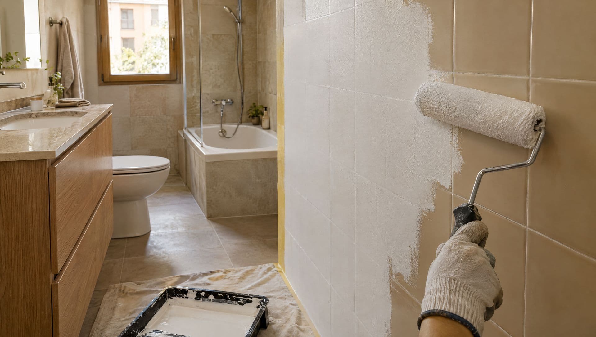 Rodillo aplicando pintura blanca sobre azulejos beige antiguos de un baño