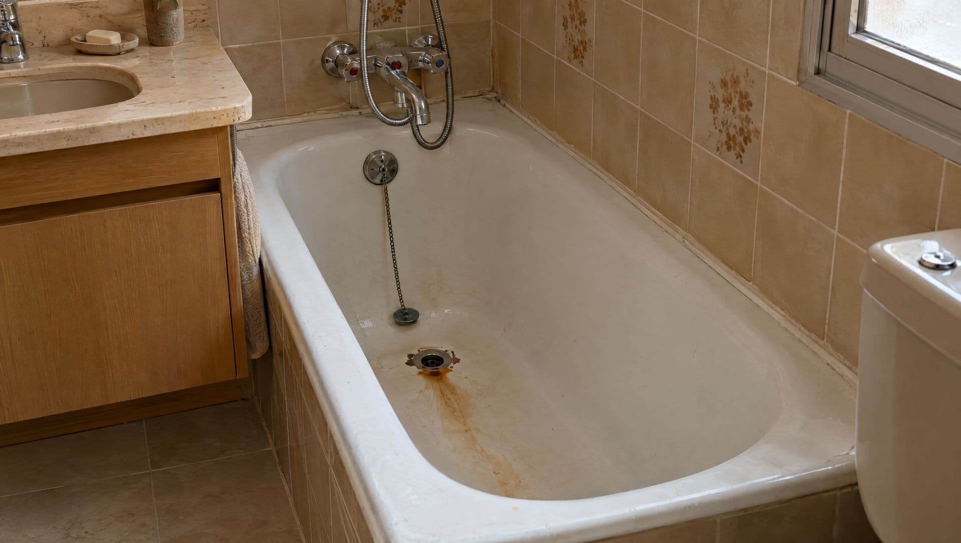 Bañera antigua de esmalte blanco con mancha de óxido junto al desagüe