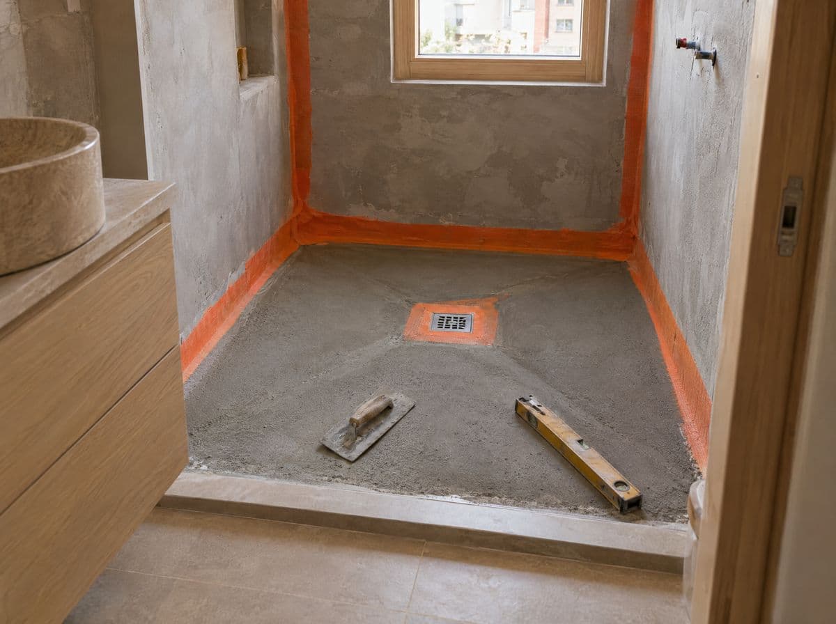 Ducha de obra en construcción con el mortero de pendiente y la lámina impermeable alrededor del sumidero