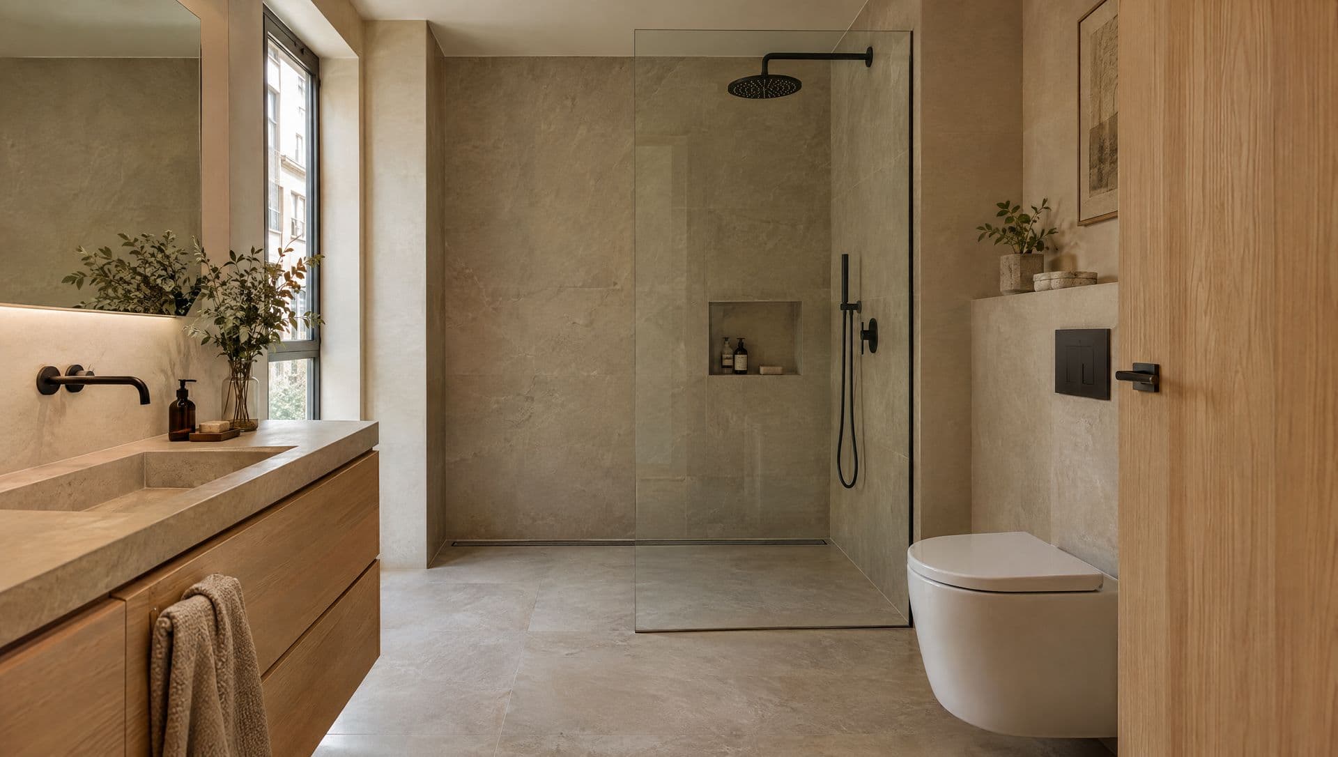Ducha de obra a ras de suelo con el mismo porcelánico del baño y sumidero lineal junto a la pared