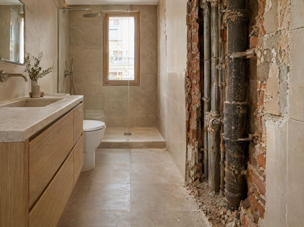 Pared de baño abierta con tuberías antiguas de hierro galvanizado a la vista