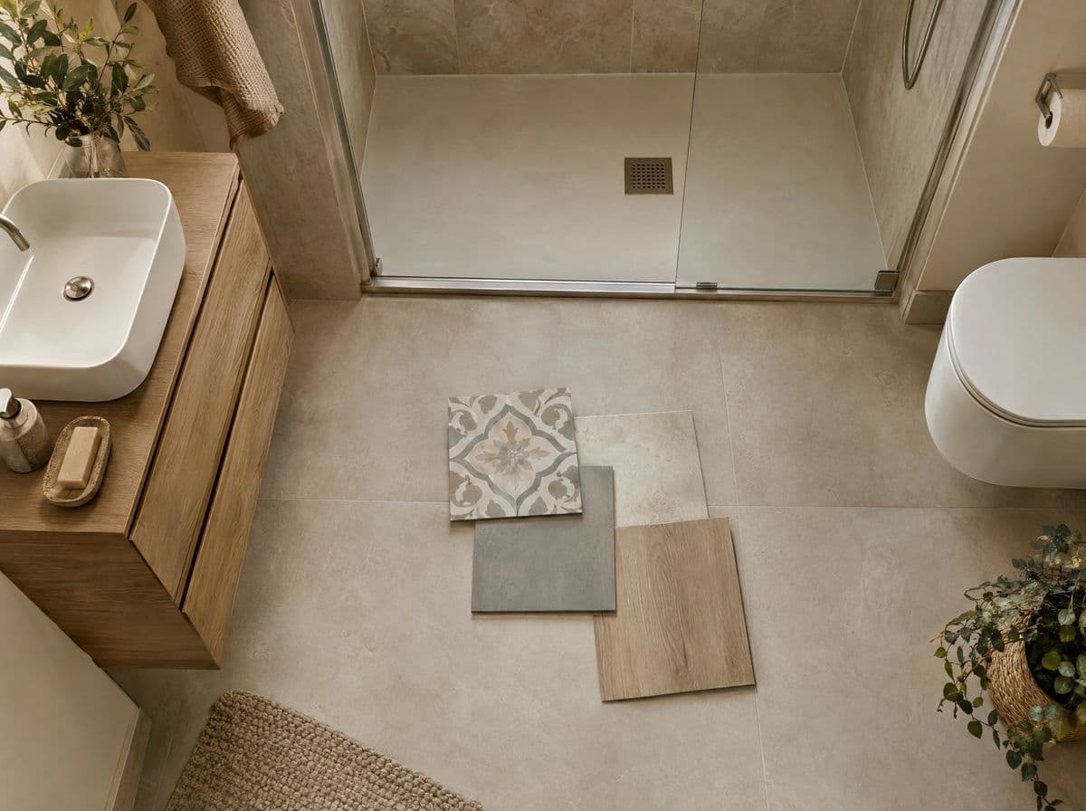 Muestras de suelo para baño: baldosa hidráulica, microcemento, porcelánico efecto piedra y vinílico