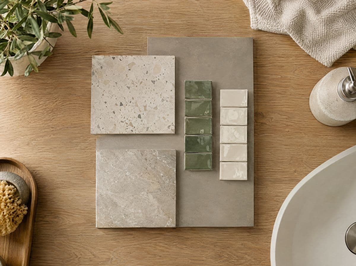 Muestras de azulejo sobre una mesa: terrazo, porcelánico de gran formato, azulejo pequeño vidriado y efecto piedra