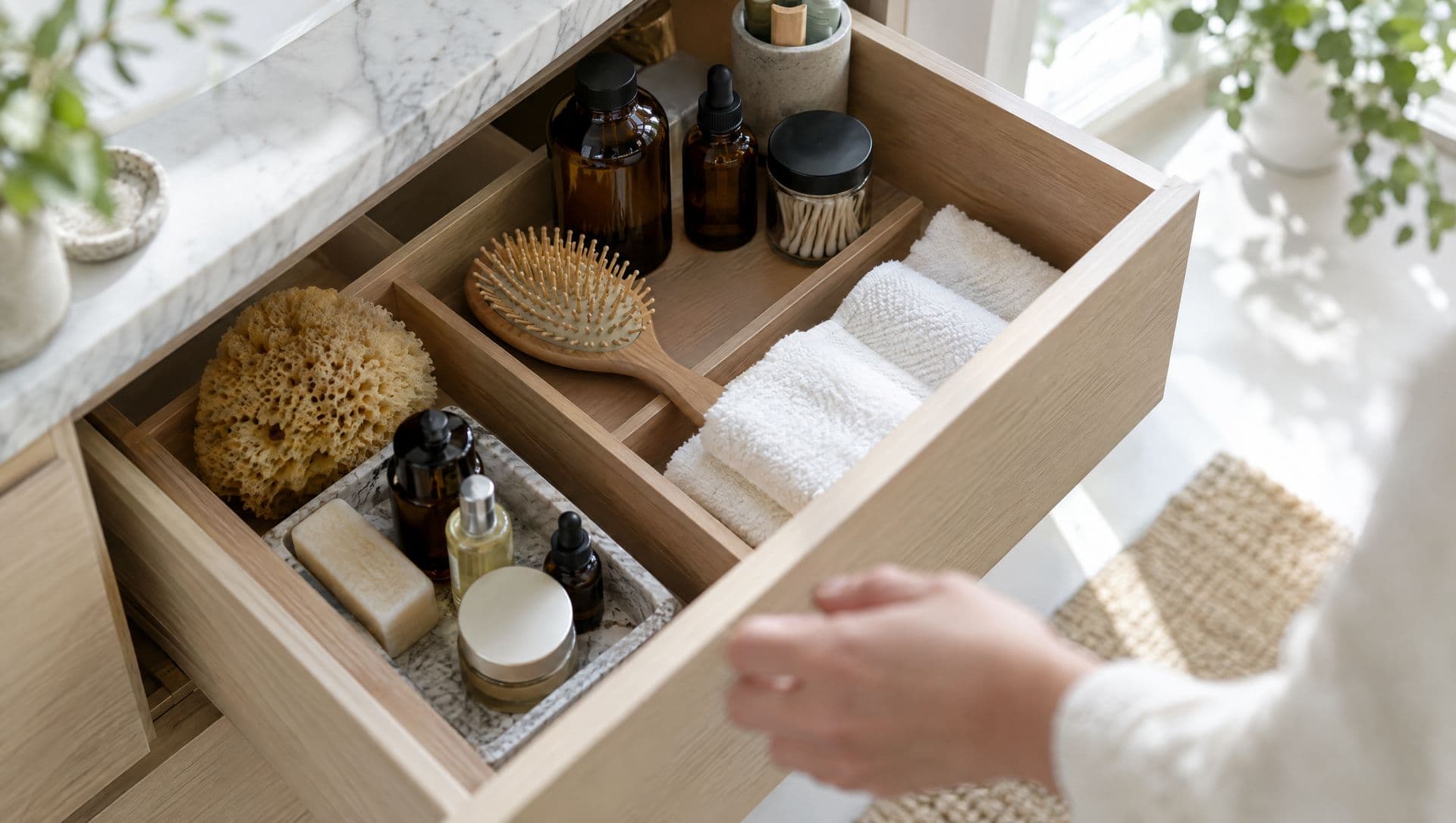 Cajón de mueble de baño abierto con neceser, cepillo de madera y toallas