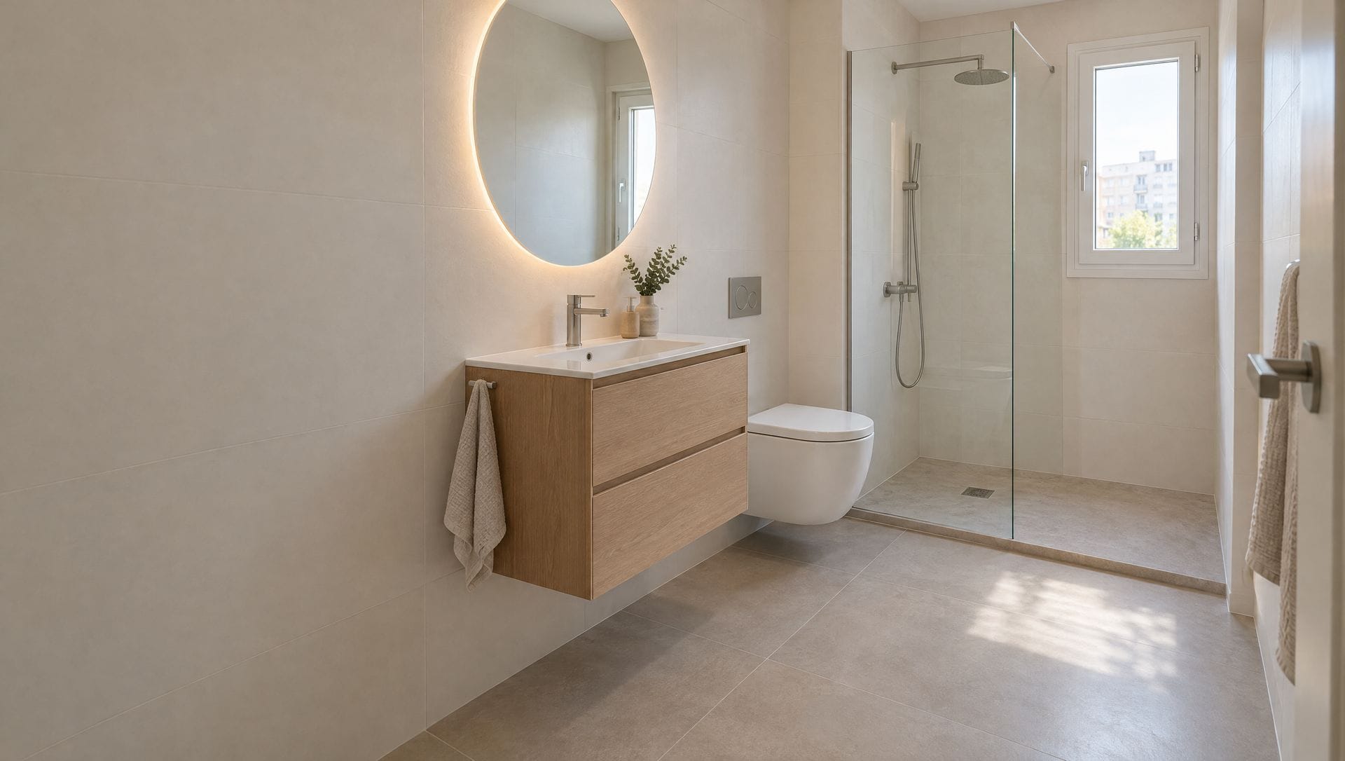 Baño de piso con inodoro suspendido, mueble de roble, espejo redondo retroiluminado y ducha con mampara