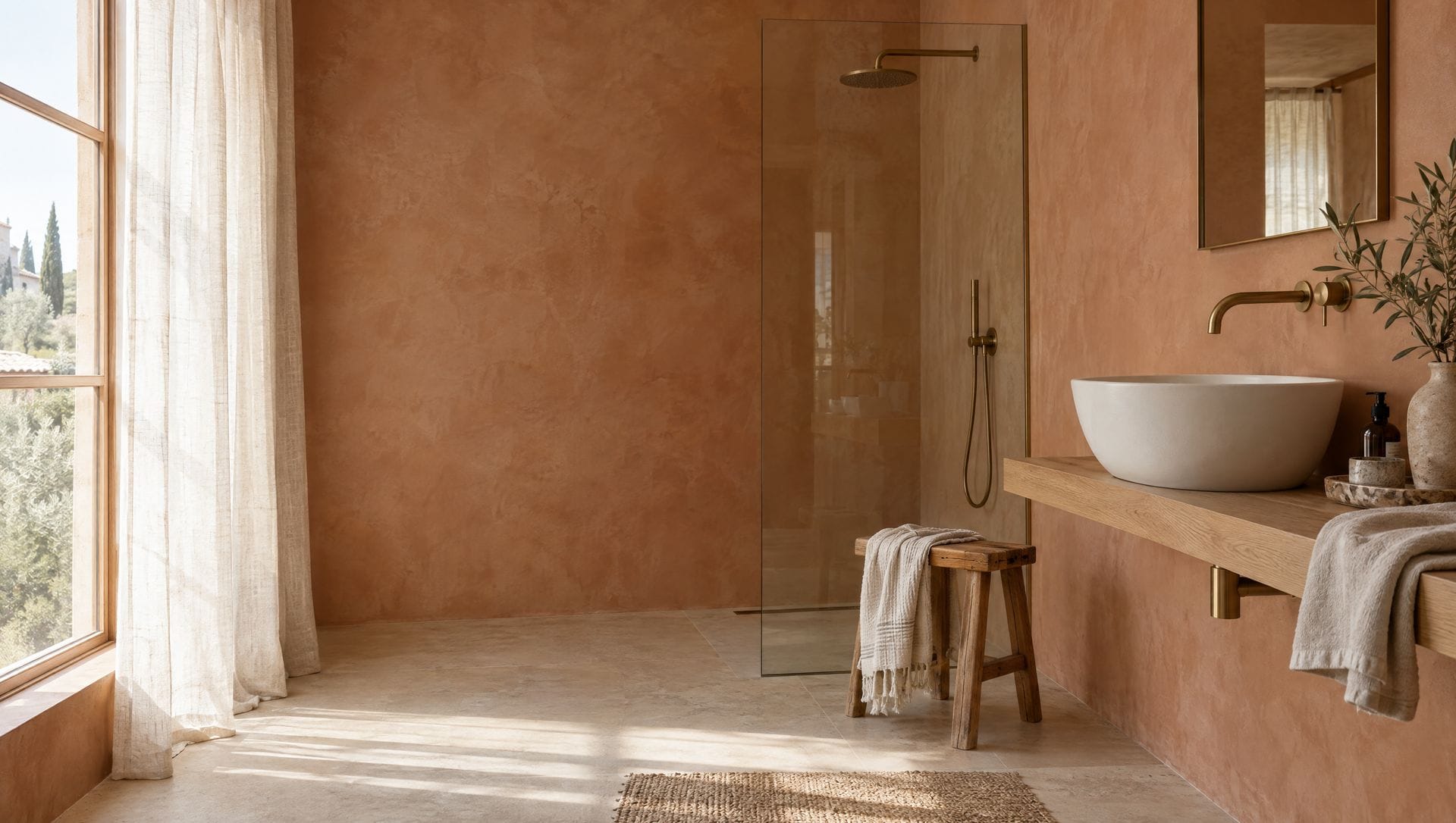 Baño con pared de microcemento terracota, lavabo sobre balda de madera y grifería dorada junto a una ventana
