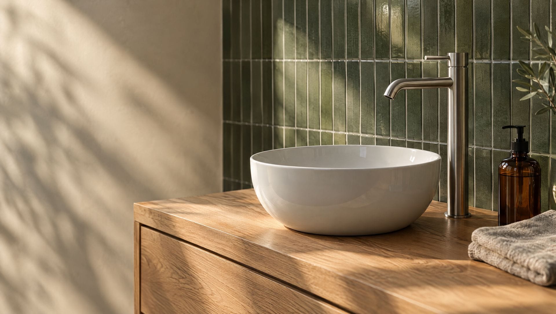 Lavabo de sobre encimera en mueble de roble con grifo alto de acero y azulejo verde salvia
