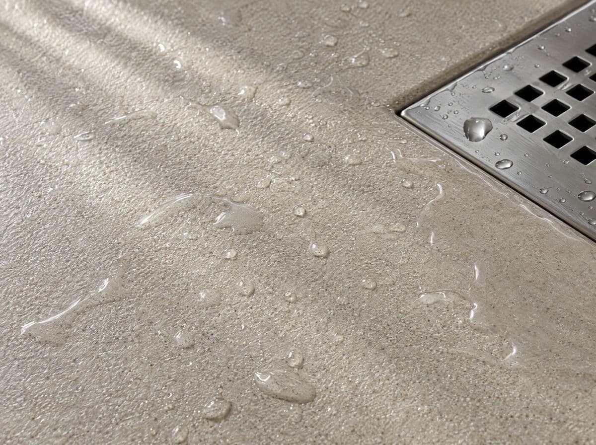 Textura antideslizante de un plato de ducha con gotas y rejilla de acero