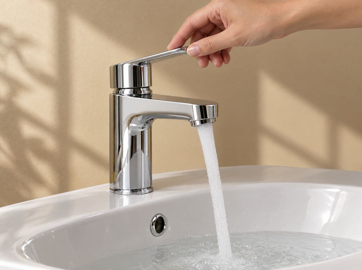 Mano abriendo un grifo de lavabo cromado con chorro aireado