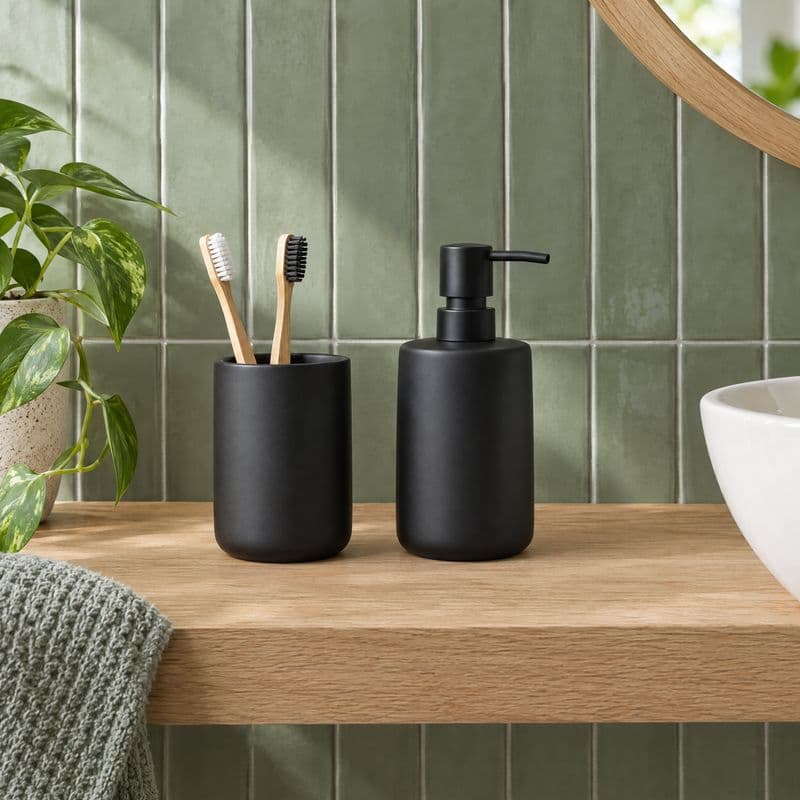 Vaso y dosificador negros sobre balda de roble con azulejo verde
