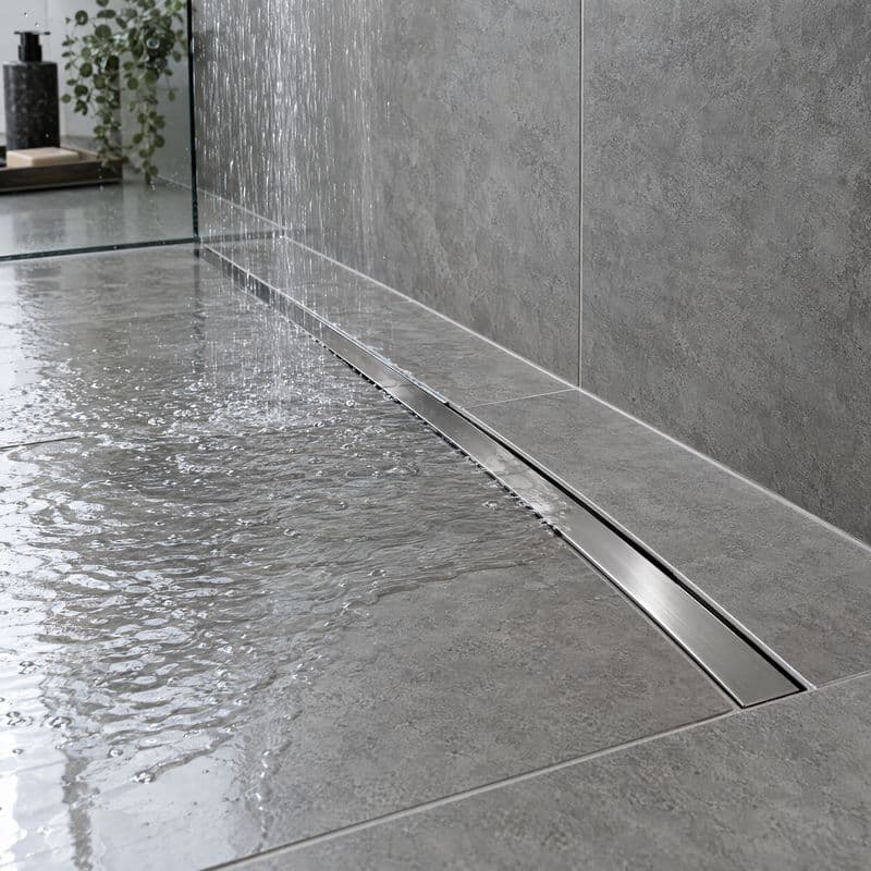 Sumidero lineal de acero en suelo porcelánico gris con agua