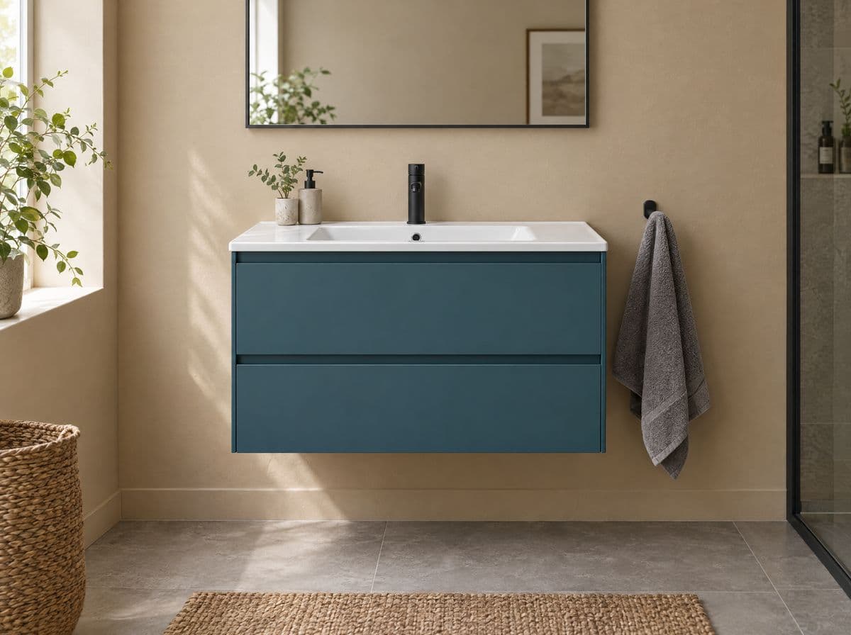 Mueble de baño suspendido de dos cajones en azul petróleo con lavabo blanco