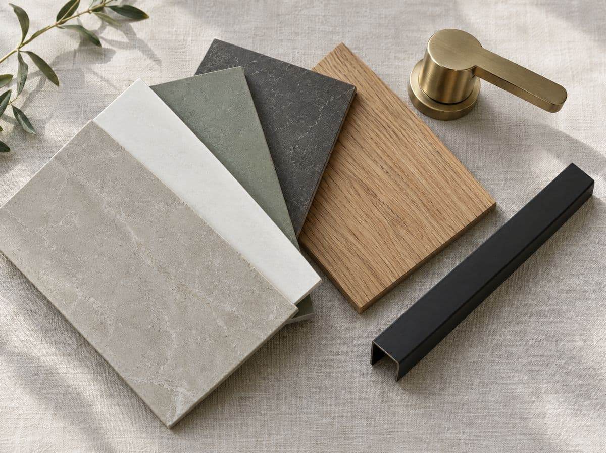 Muestras de porcelánico, madera de roble, maneta dorada y perfil negro en abanico