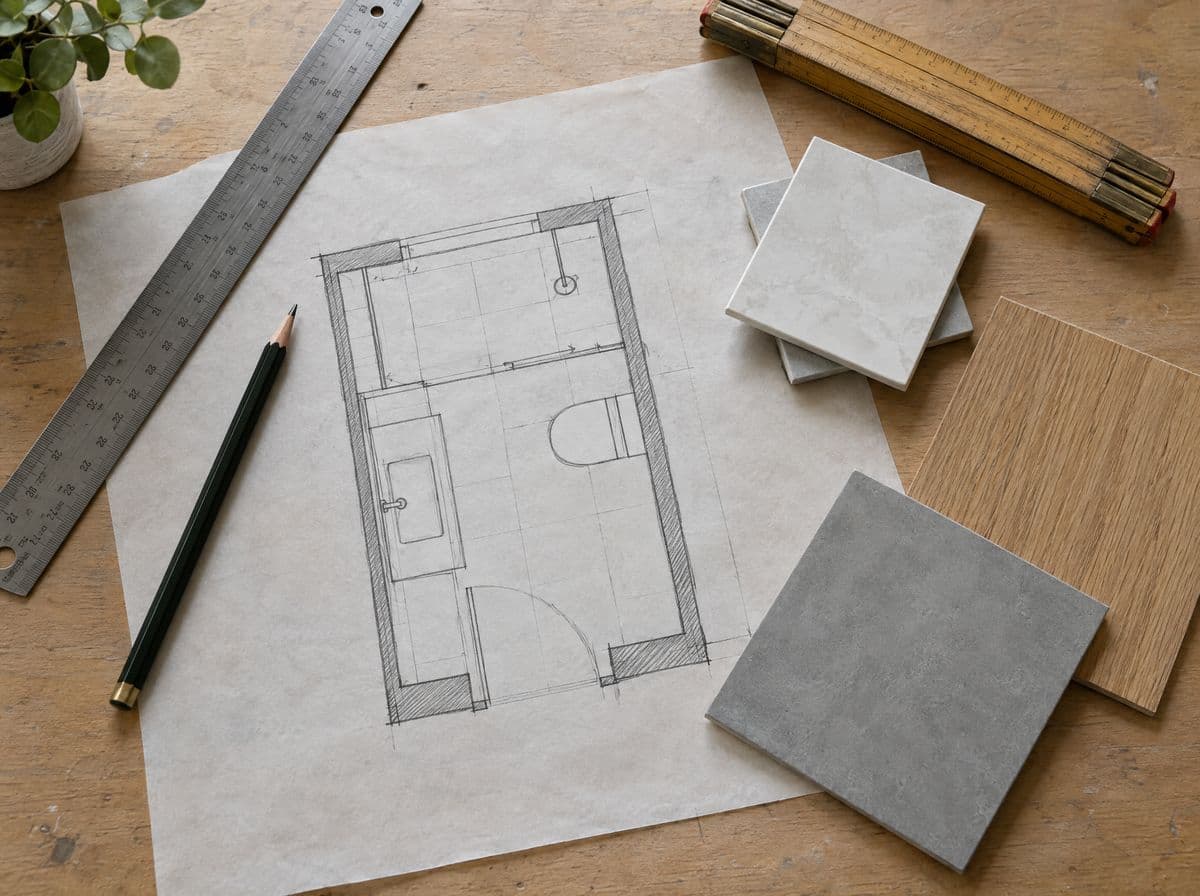 Plano a lápiz de un baño con regla, metro de carpintero y muestras de azulejo y madera